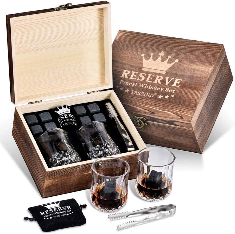 Gâterie Whisky en Boîte : 8 Roches de Basalte et 2 Verres dans un Coffret en Bois – Idéal pour Papa à la Fête des Pères ou à Tout Moment!