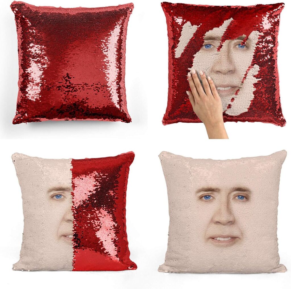 Pillow Sparkle : Coussin Sequin Nicolas Cage, Cadeau Magique pour tous les évènements!